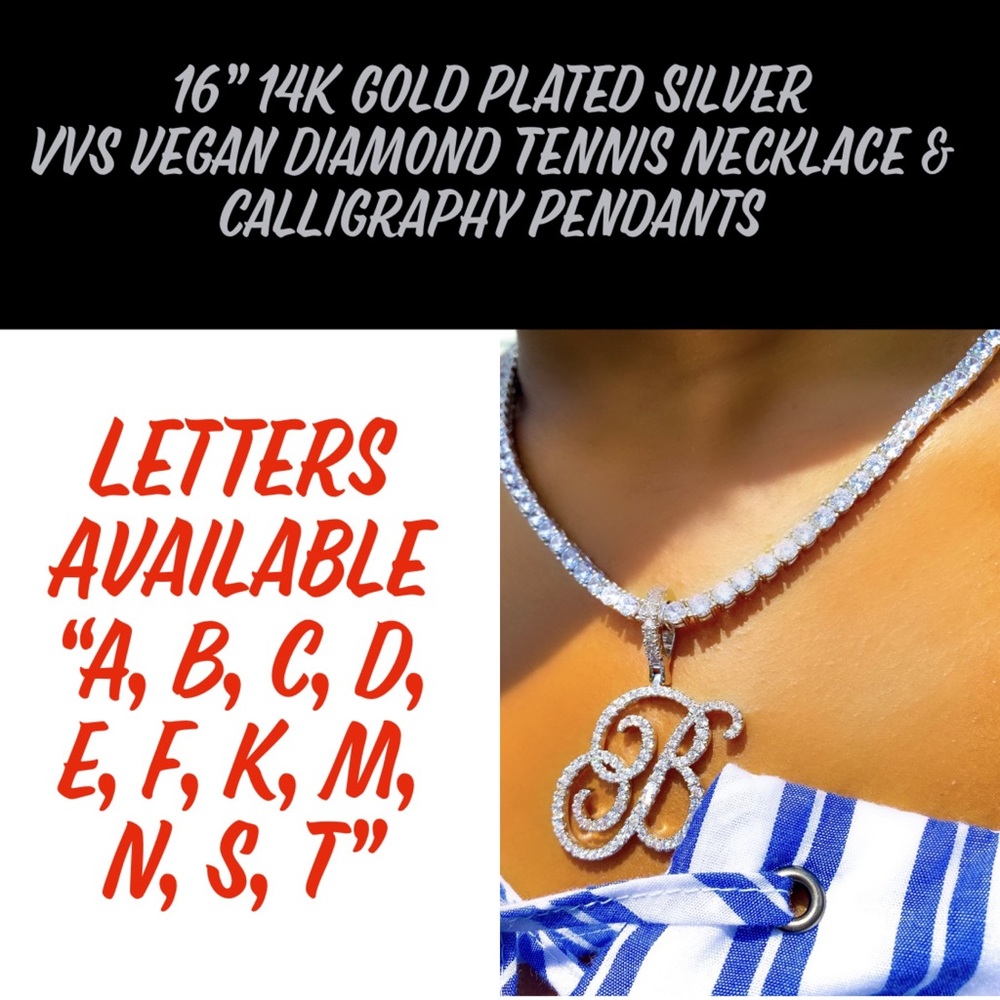 Tennis Necklace 16” Silver VVS Diamond Pendant Set